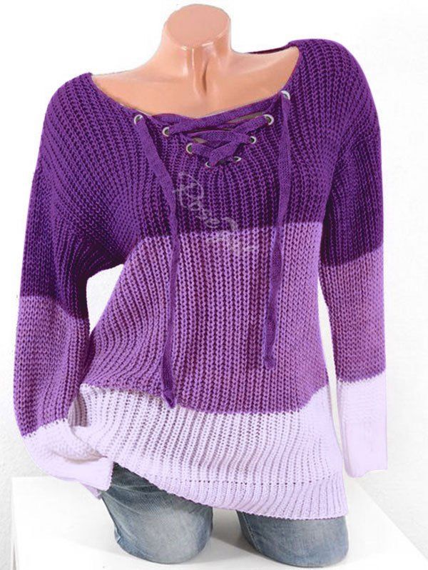 

Plus Size Lace Up Hit Color Chunky Sweater, Purple