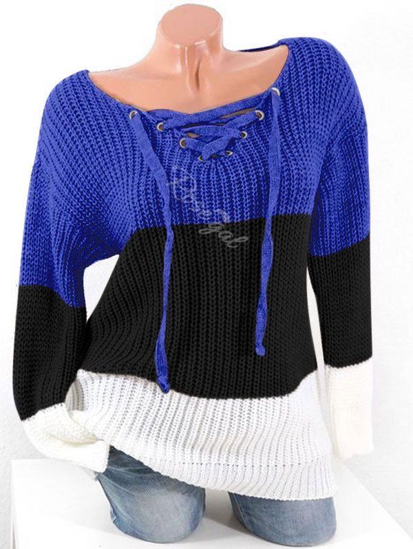 

Plus Size Lace Up Hit Color Chunky Sweater, Cobalt blue