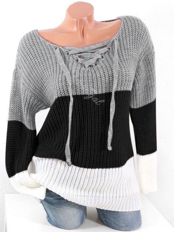 

Plus Size Lace Up Hit Color Chunky Sweater, Gray