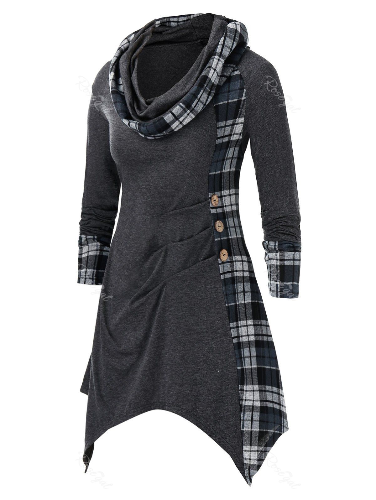 

Plus Size Cowl Neck Plaid T-Shirt, Carbon gray