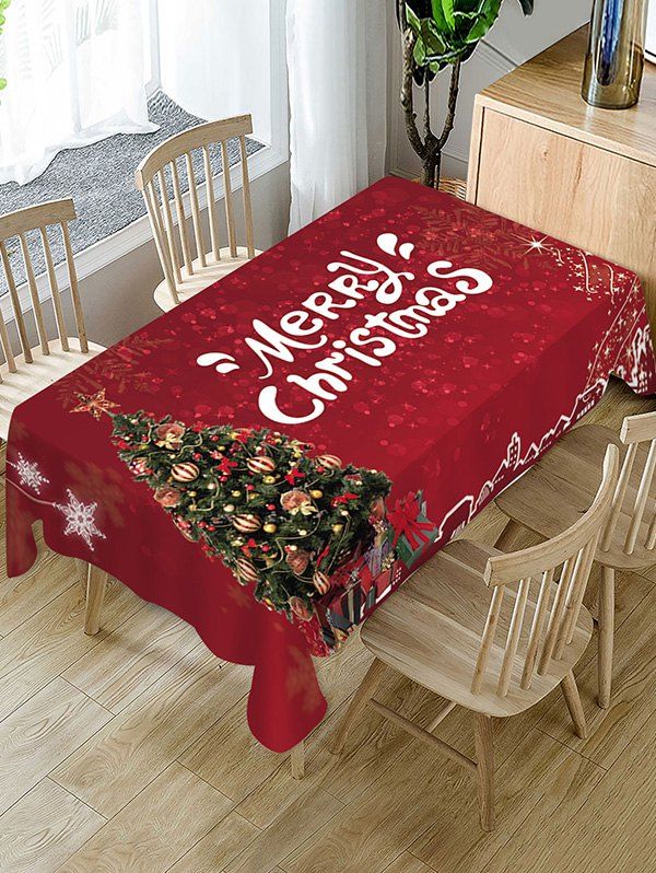 

Christmas Tree Greeting Pattern Fabric Tablecloth, Red wine