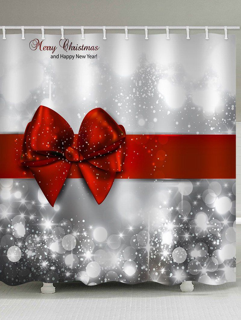 

Christmas Greeting Bowknot Print Waterproof Bathroom Shower Curtain, Red