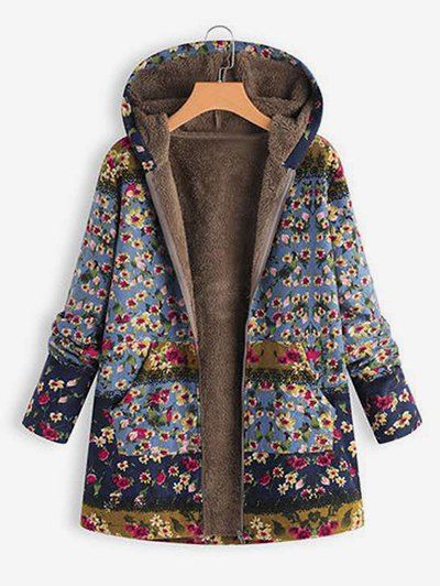 

Hooded Floral Faux Shearling Lining Coat, Multi