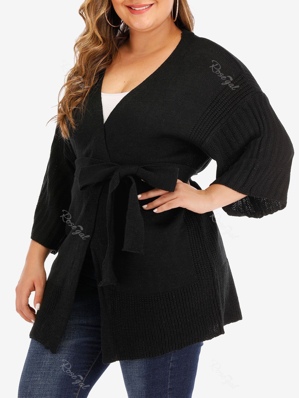 

Plus Size Belted Solid Cardigan, Black