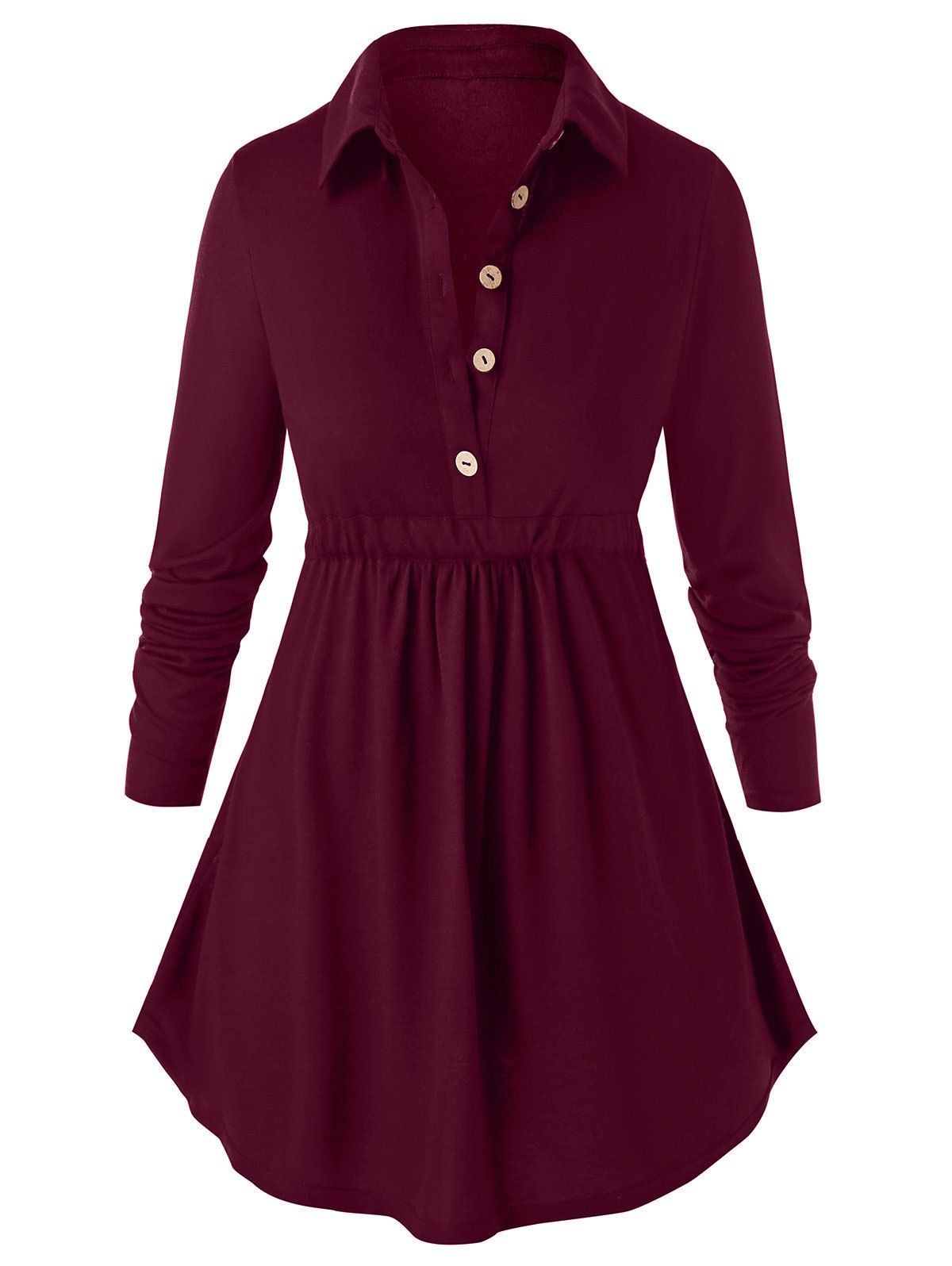 

Plus Size Tie Waist Half Button Peplum T Shirt, Red wine