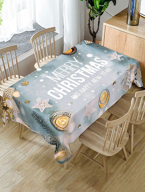

Christmas Balls Stars Greeting Print Fabric Tablecloth, Cyan opaque