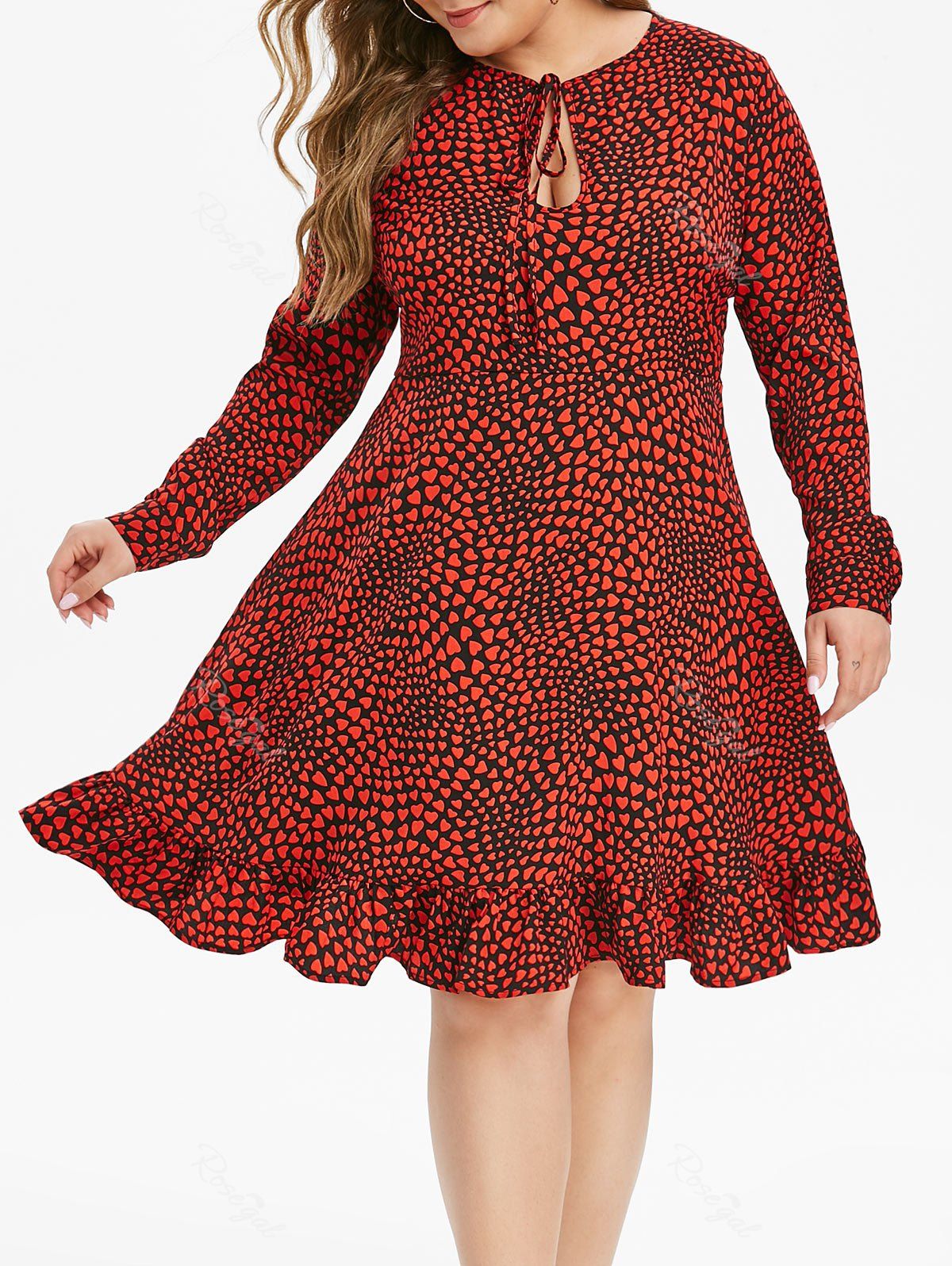

Plus Size Heart Print Flounce Keyhole Dress, Lava red