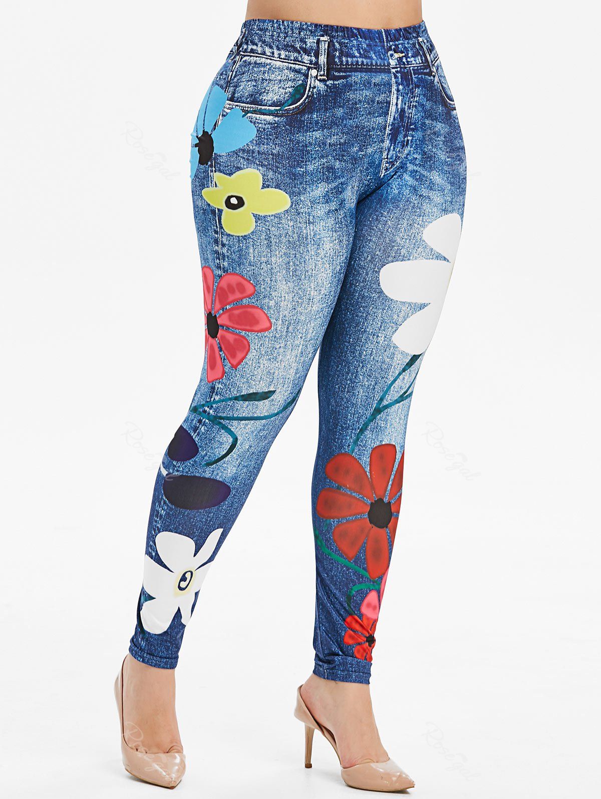 

Plus Size High Rise Floral Skinny 3D Jeggings, Denim dark blue