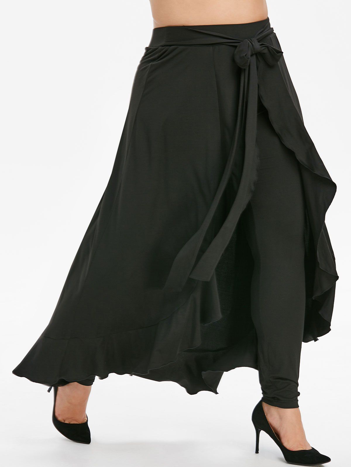 

Plus Size Belted Ruffle Maxi Skirted Pants, Black