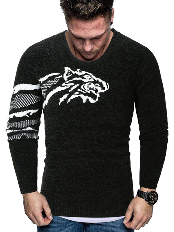 

Tiger Graphic Crew Neck Chenille Sweater, Black