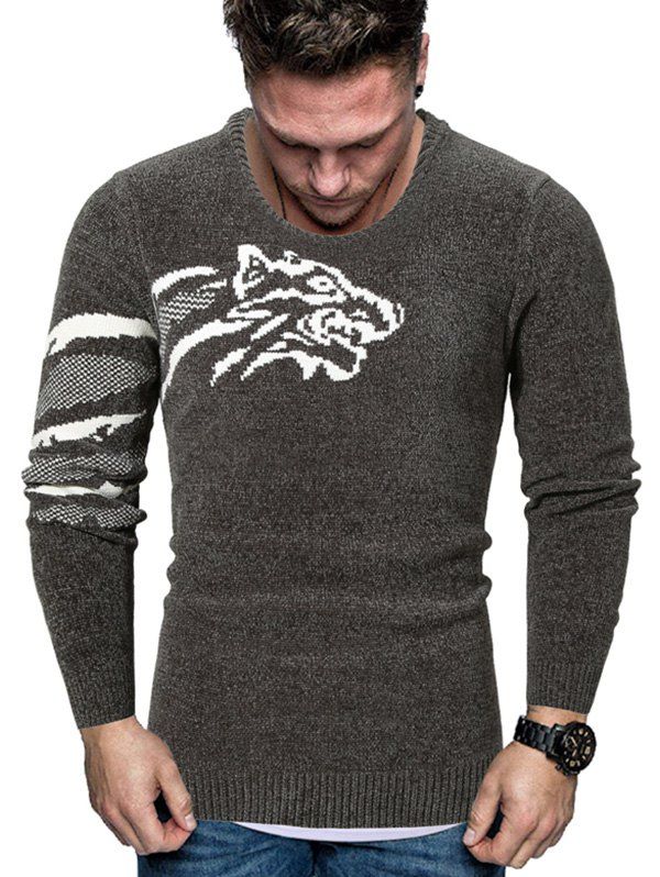 

Tiger Graphic Crew Neck Chenille Sweater, Dark gray