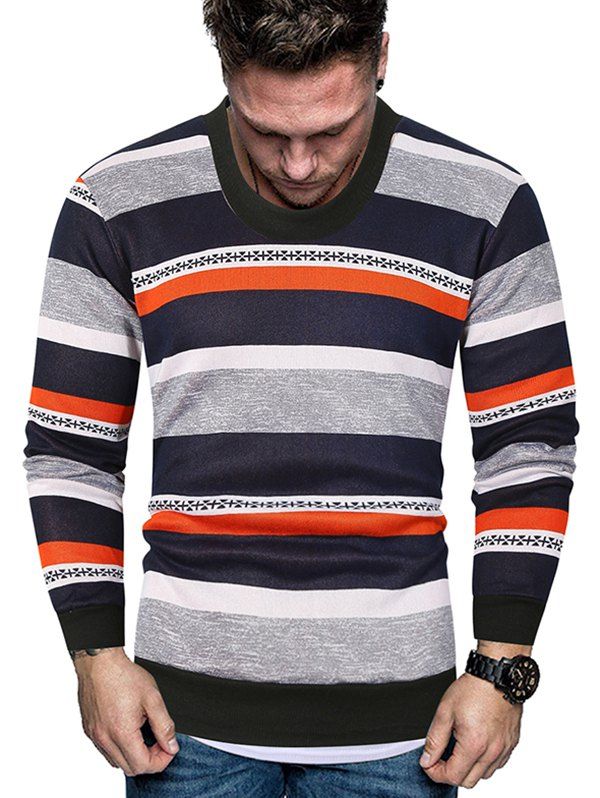 

Color-blocking Striped Crew Neck Fleece Sweater, Orange