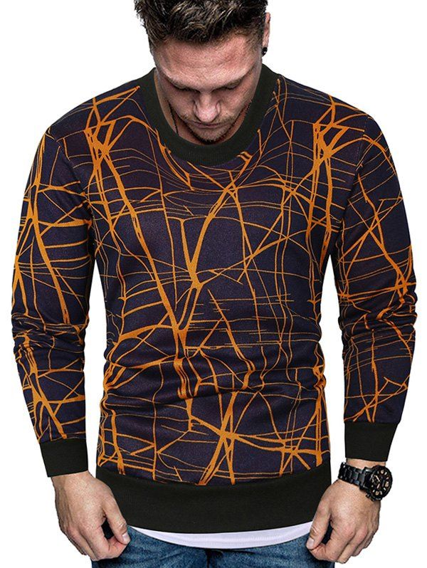 

Line Print Crew Neck Fleece Sweater, Yellow