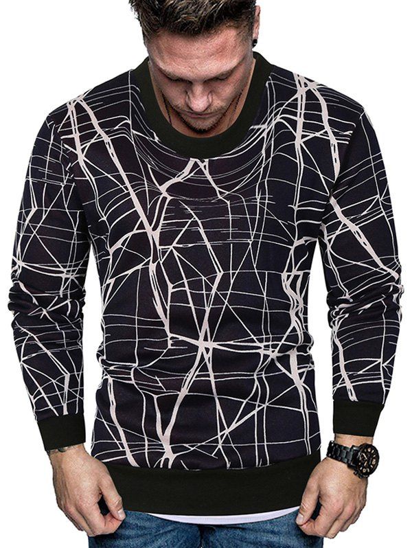 

Line Print Crew Neck Fleece Sweater, White