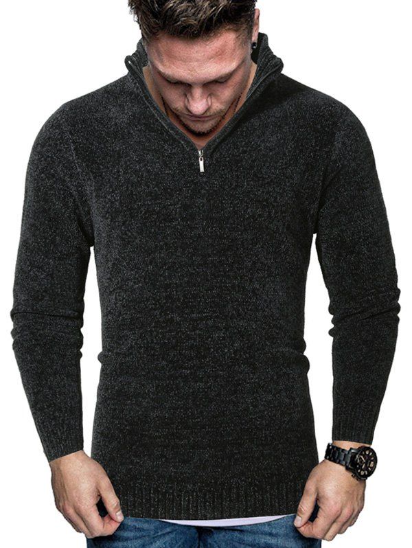 

Stand Collar Half Zip Chenille Sweater, Black