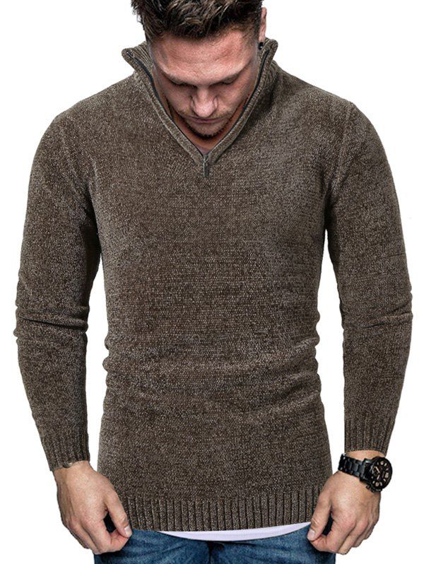 

Stand Collar Half Zip Chenille Sweater, Coffee