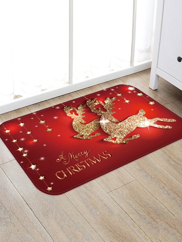 

Christmas Elk Stars Greeting Pattern Water Absorption Area Rug, Lava red