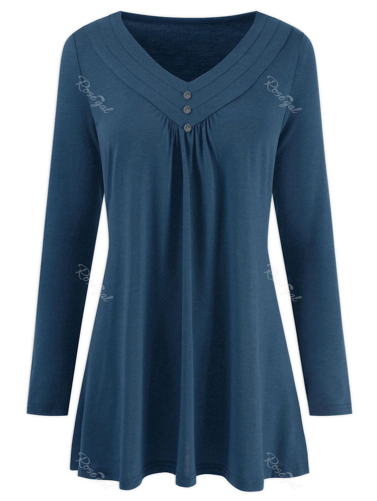 

Plus Size Buttons Plain Tunic T Shirt, Peacock blue