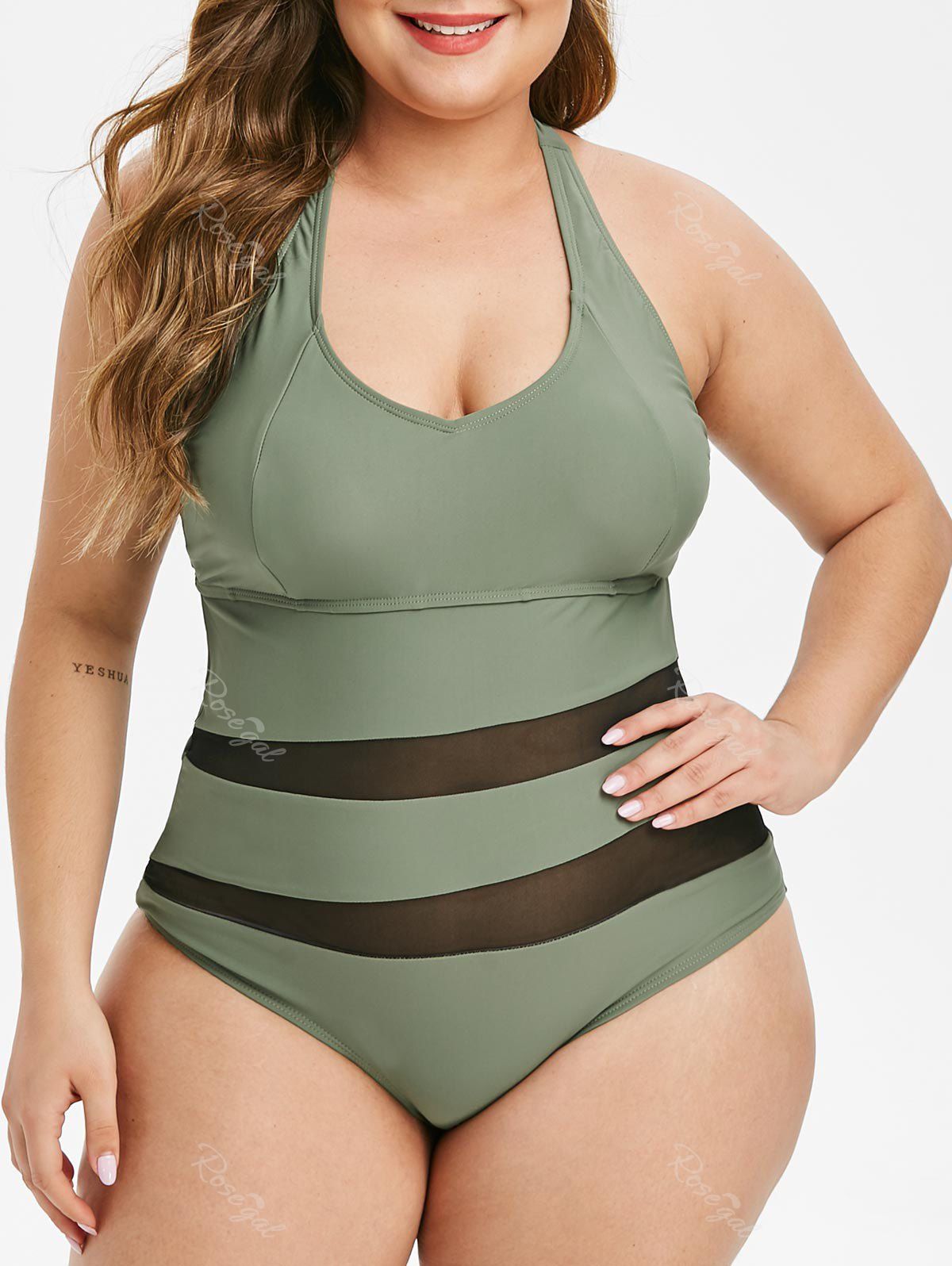 

Plus Size Crisscross Mesh Panel One-piece Swimsuit, Camouflage green