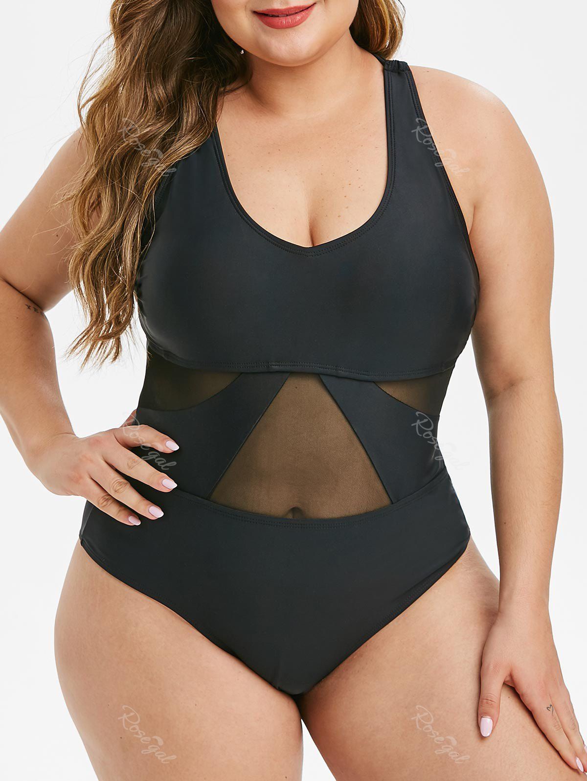 

Plus Size Mesh Panel Lattice One-piece Swimsuit, Black
