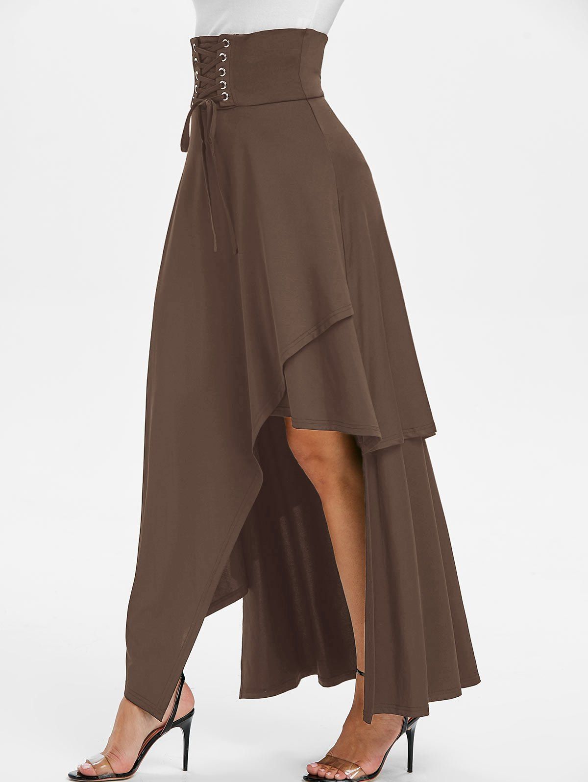

High Waisted Asymmetric Lace-up Layered Maxi Skirt, Khaki