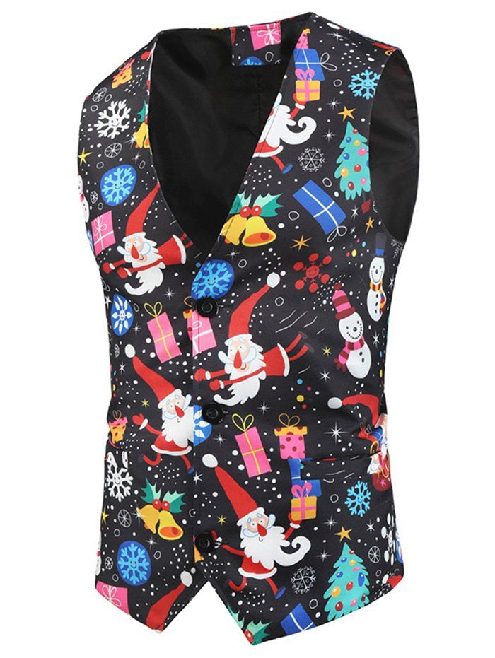 

Christmas Cartoon Pattern Button Waistcoat, Black