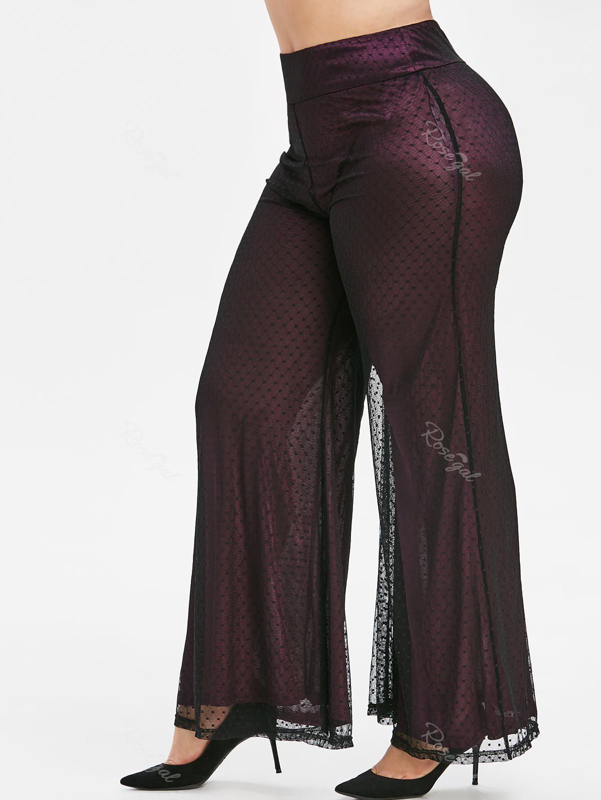 

Plus Size Dotted Lace Bell Bottom Pants, Maroon