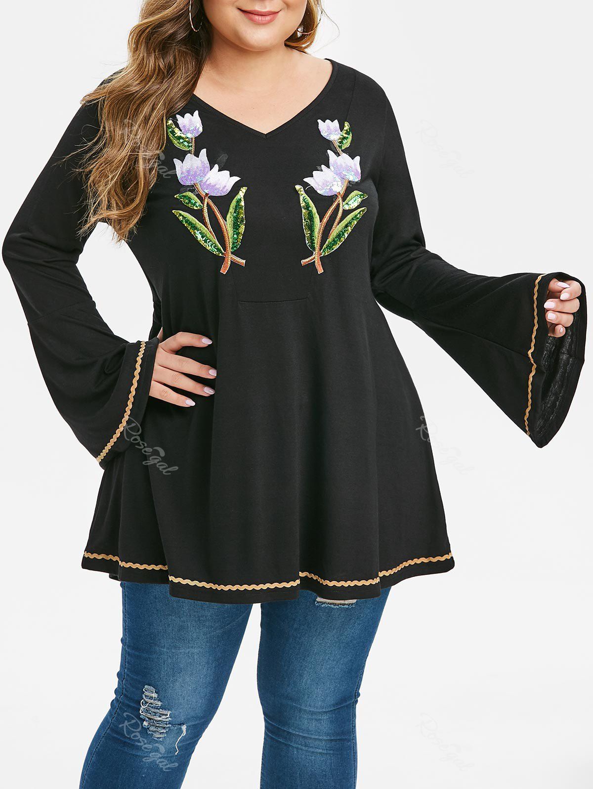 

V Neck Longline Floral Embroidered Sequined Plus Size Top, Black