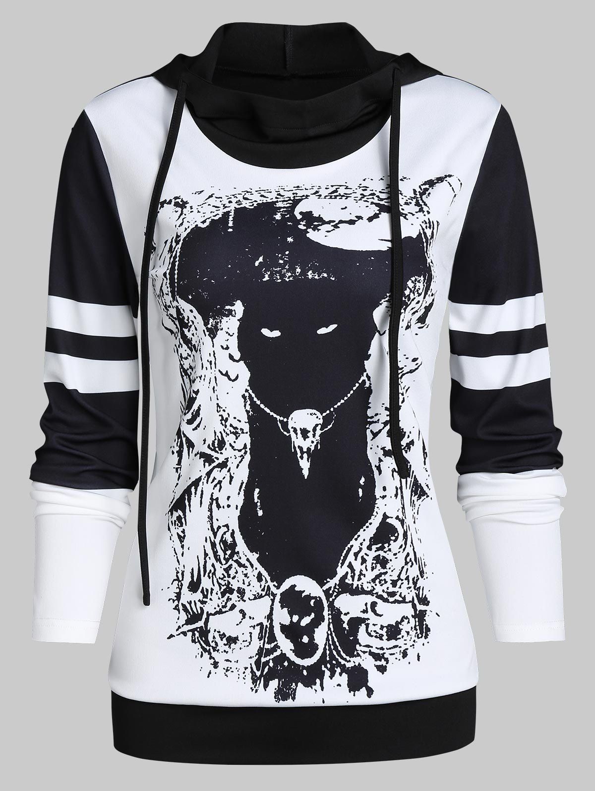 

Contrast Cat Graphic Striped Drawstring Hoodie, Multi-a