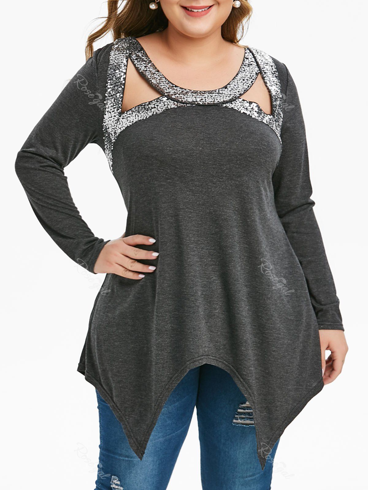 

Plus Size Sequined Cutout Handkerchief T-shirt, Multi