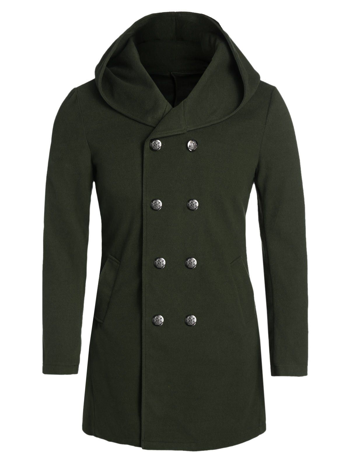 

Hooded Back Slit Double Breasted Wool Blend Coat, Army green