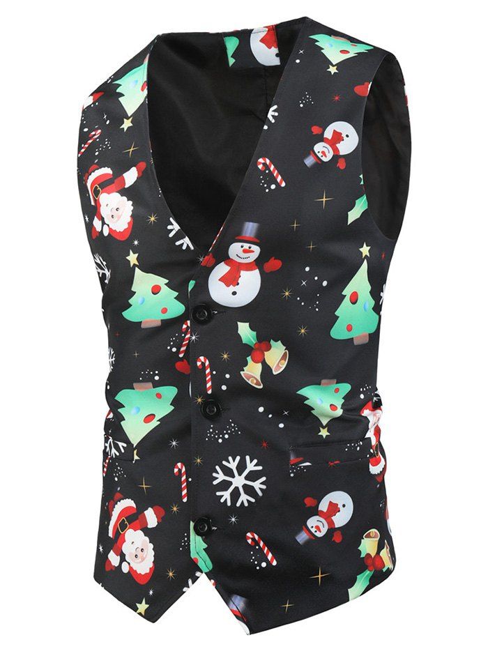 

Christmas Tree Snowman Pattern Button Waistcoat, Black