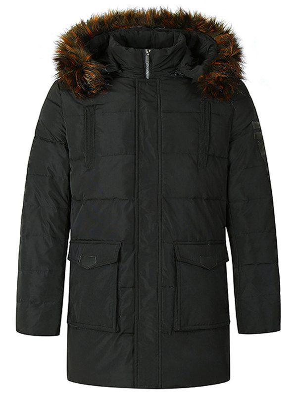 

Flap Pocket Zip Up Fuzzy Hooded Down Coat, Black
