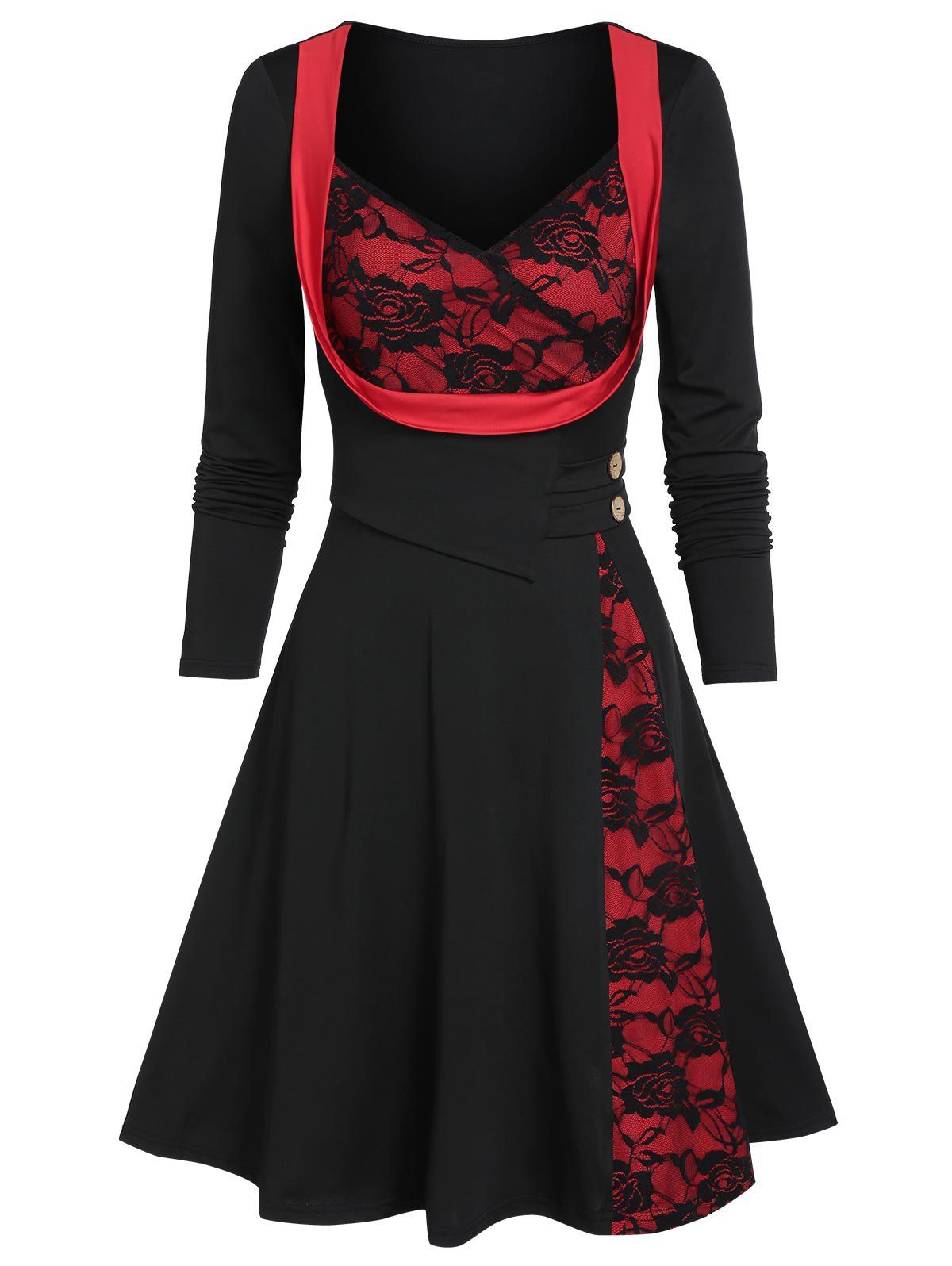 

V Neck Lace Panel Button A Line Dress, Black