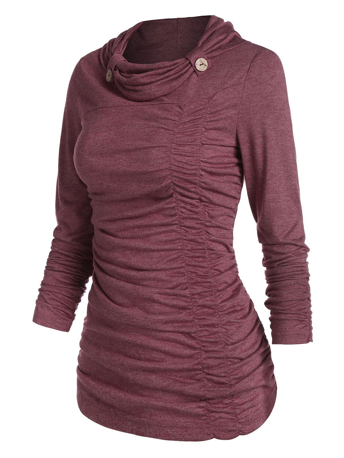 

Cowl Neck Ruched Front Heathered T-shirt, Red wine