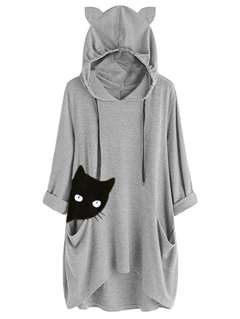 

Heathered Cat Graphic Knit Hoodie, Gray