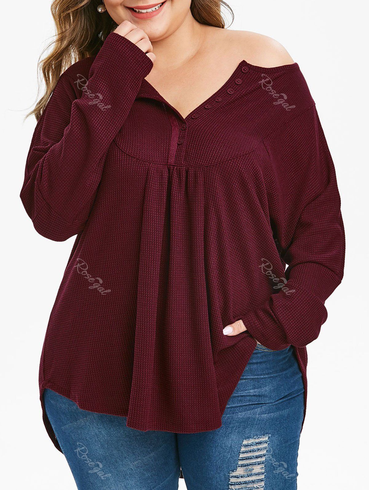 

Plus Size Half Placket Curved Long Sleeve Knit Tee, Red