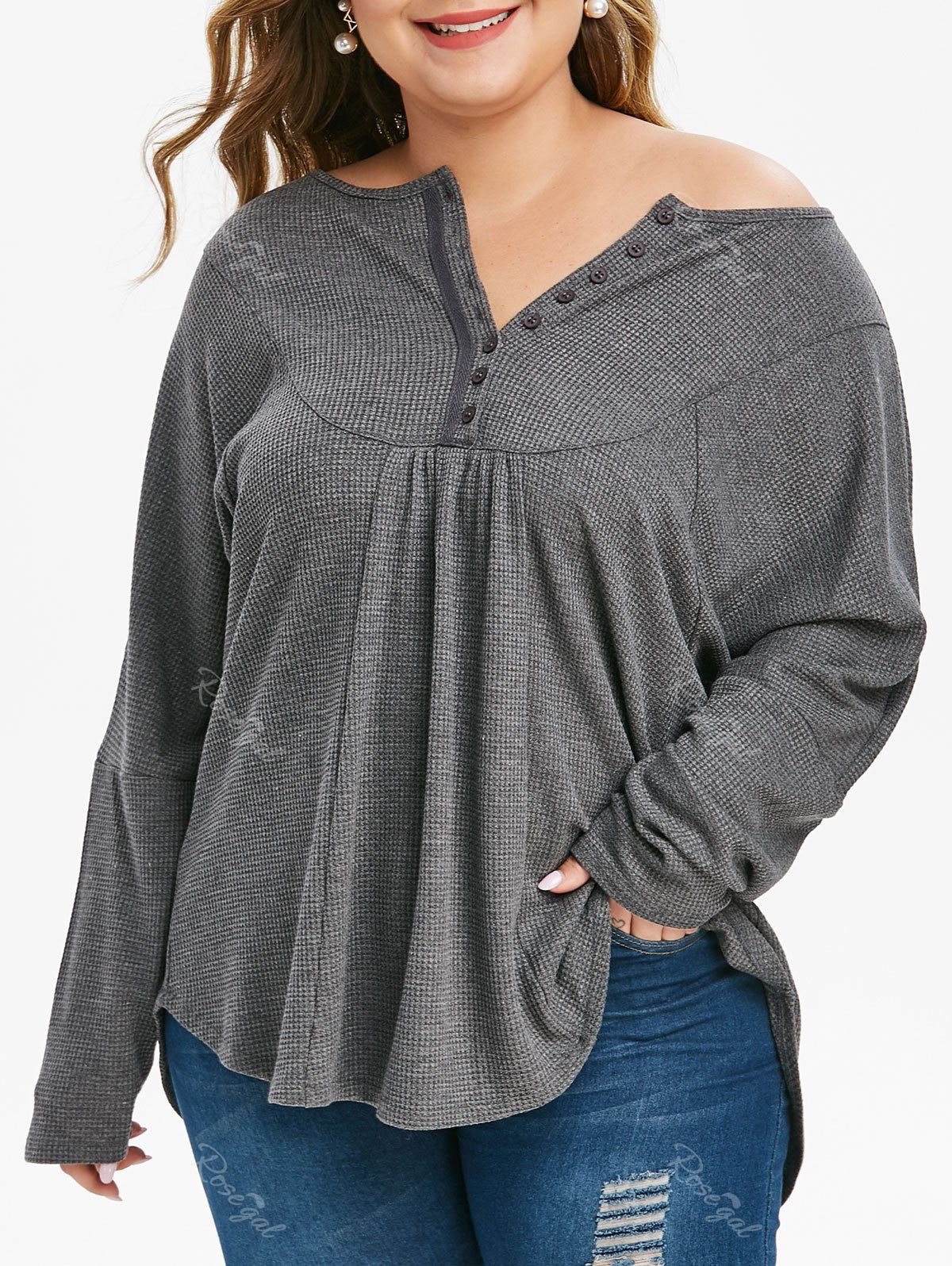 

Plus Size Half Placket Curved Long Sleeve Knit Tee, Gray
