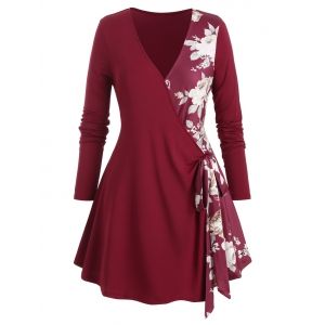 

Plus Size Floral Tie Surplice Tunic Top, Red wine