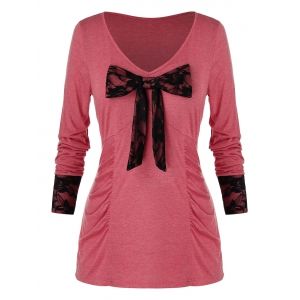 

Plus Size Floral Lace Bowknot T-Shirt, Watermelon pink