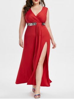 Plus Size High Slit Sequin Party Cocktail Dress - RED WINE - 3X