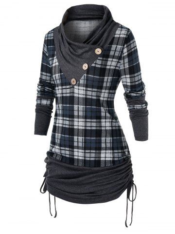 

Plus Size Cowl Neck Plaid T-Shirt, Dark gray