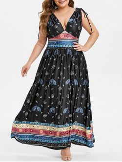 Plus Size Flower Peacock Print Plunging Cinched Maxi Dress - BLACK - L