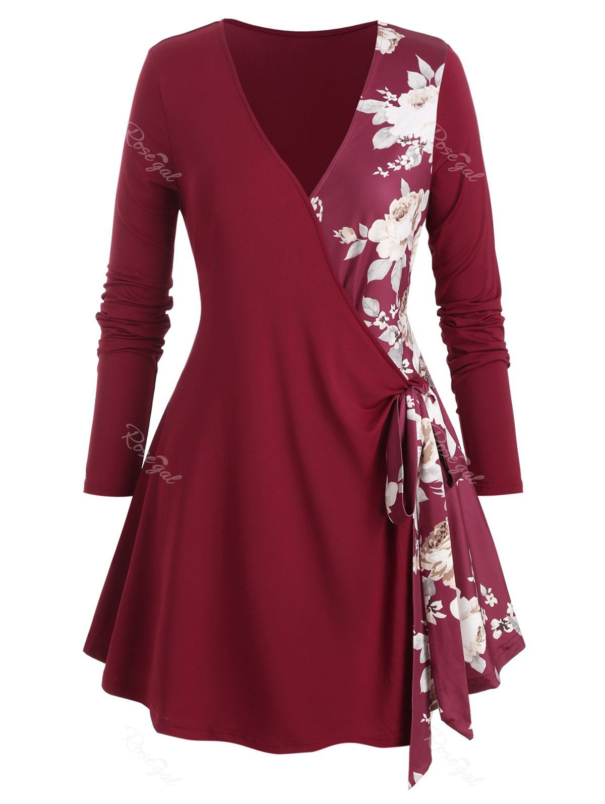 

Plus Size Floral Tie Surplice Tunic Top, Red wine