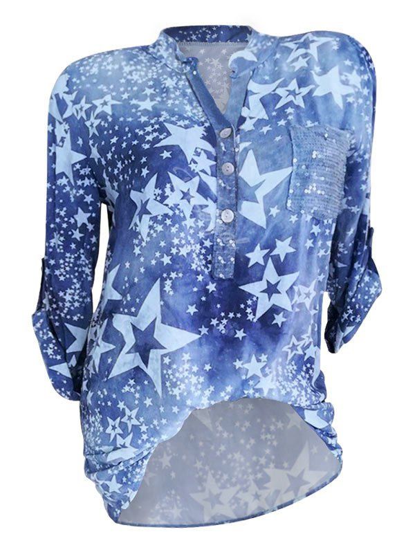

Plus Size Star Half Placket Roll Tab Sleeve Blouse, Blue
