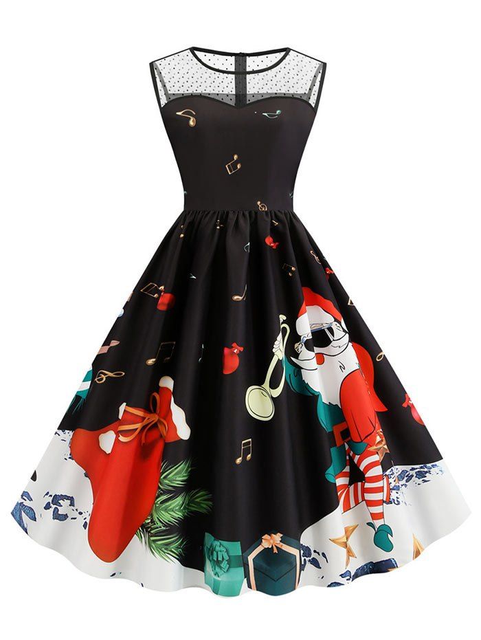 

Santa Claus Mesh Panel Christmas A Line Dress, Black