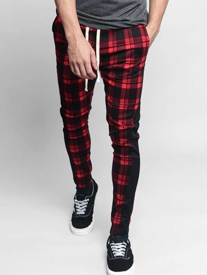 

Plaid Pattern Casual Drawstring Pants, Red