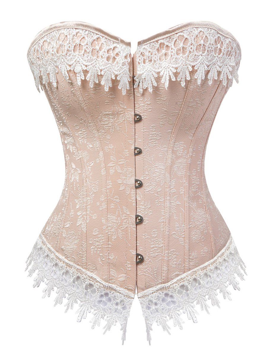 

Back Lace Up Jacquard Steel Boned Corset Set, Warm white