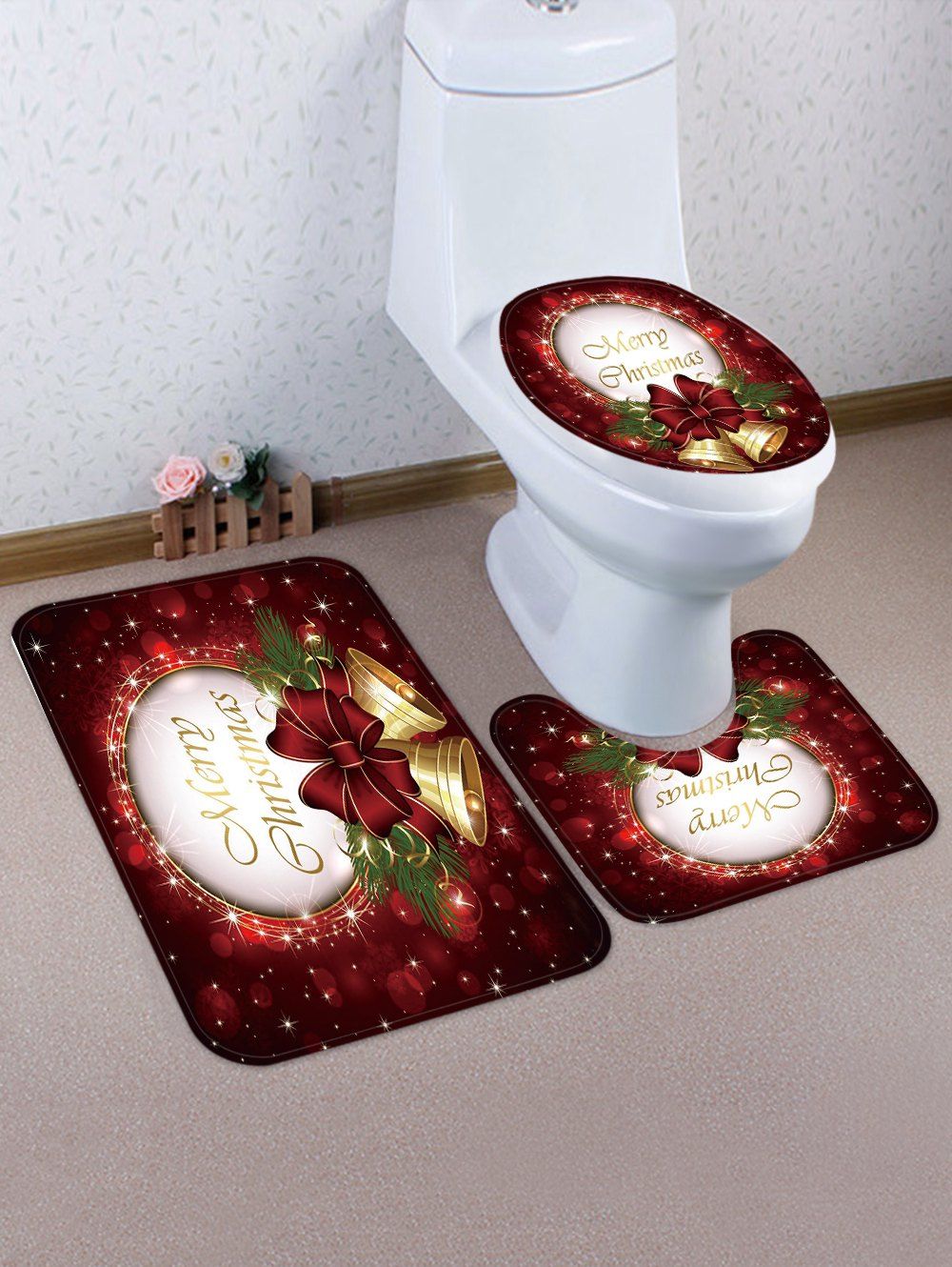 

Christmas Bowknot Bells Greeting Pattern 3 Pcs Toilet Mat Set, Multi