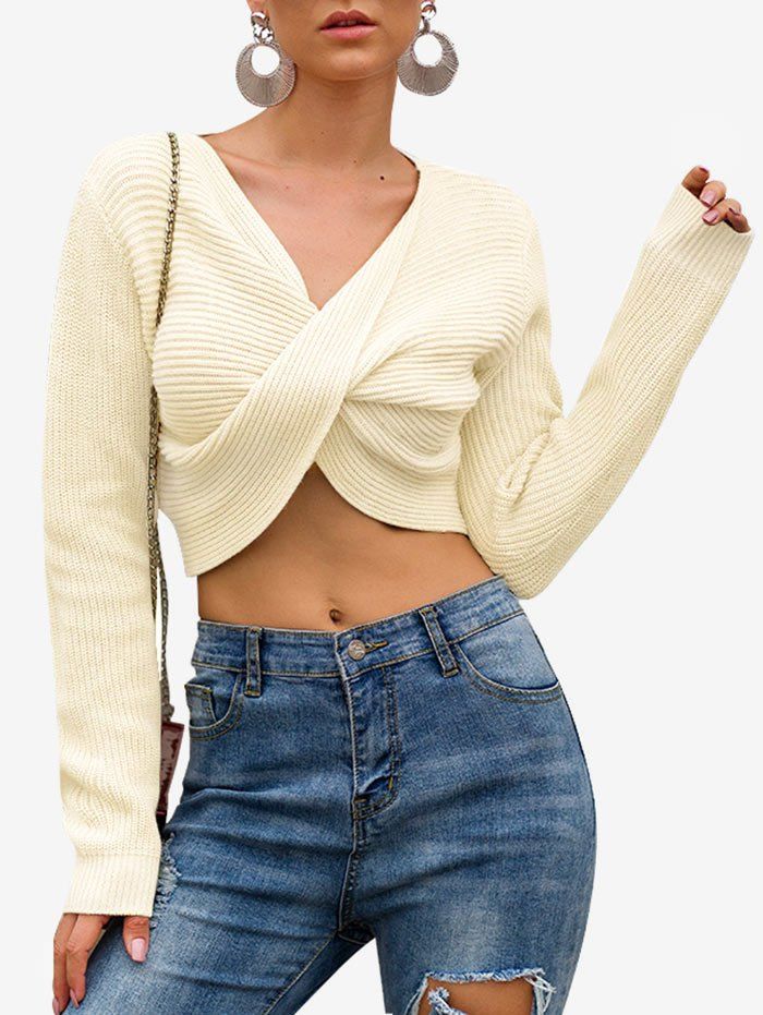 

V Neck Twisted Crop Sweater, White